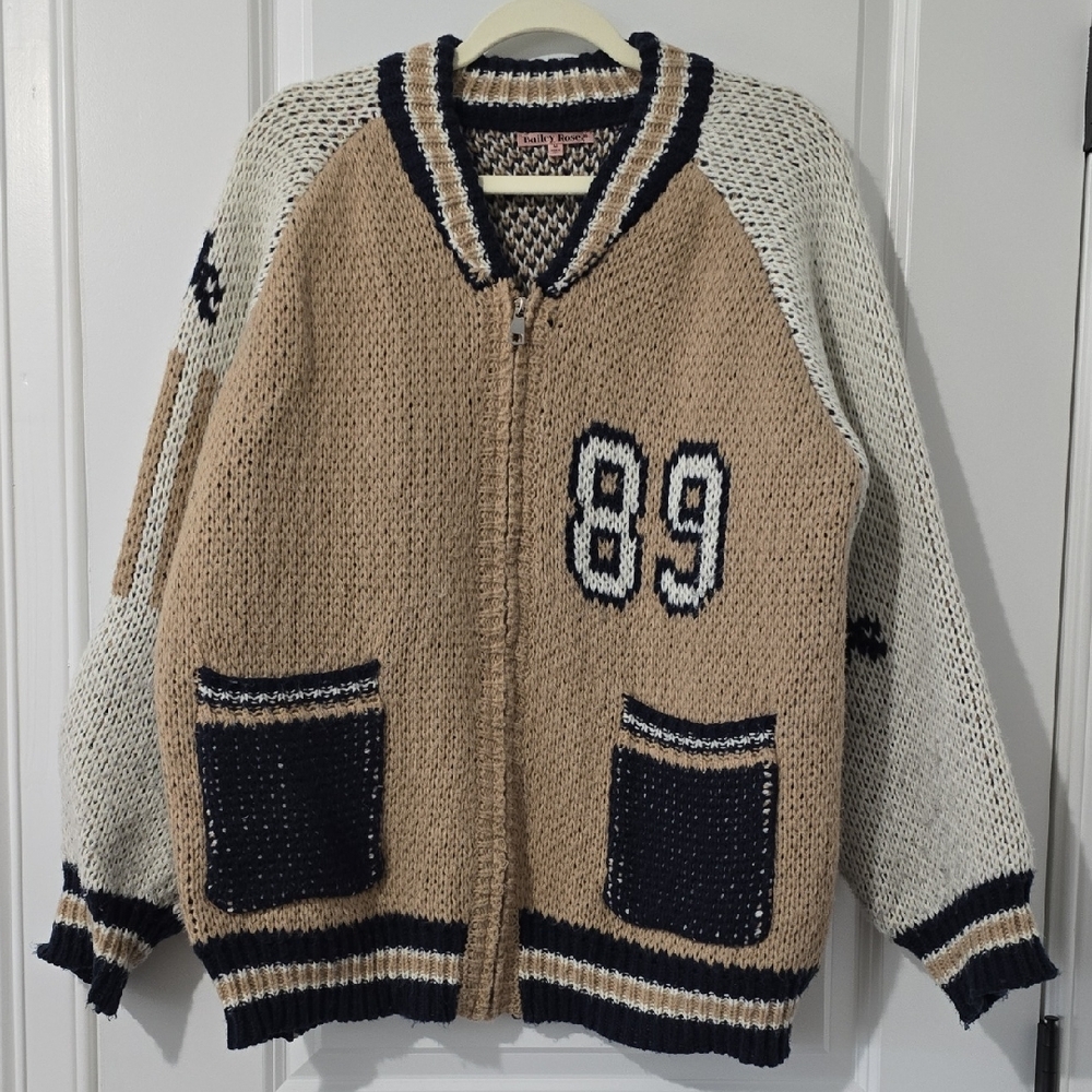 Women's Tan and Cream Zip-Up Sweater with Black Details